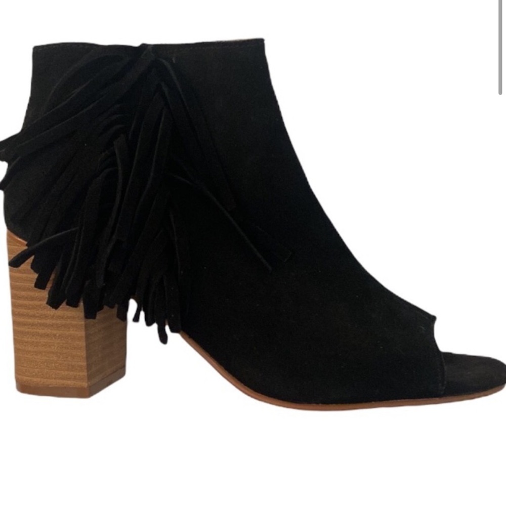 Kensie Erika Fringed Black Leather Suede Open Toe Booties Size 7.5